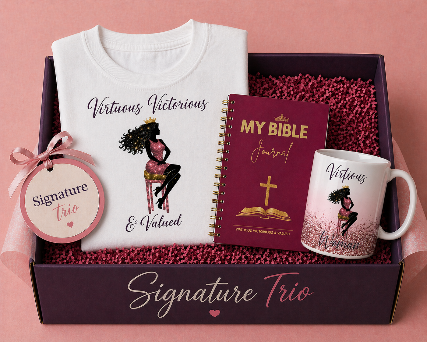 Signature Trio Bundle — T-Shirt + Mug + Journal $49.99