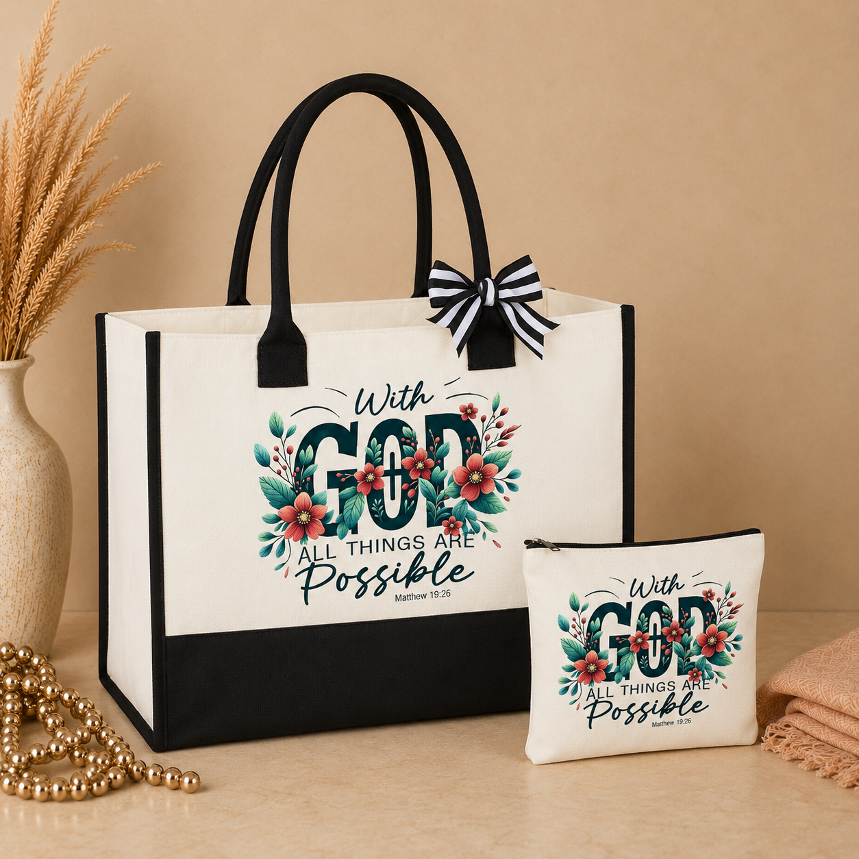 Faith-inspired tote and cosmetic bag set with scripture print