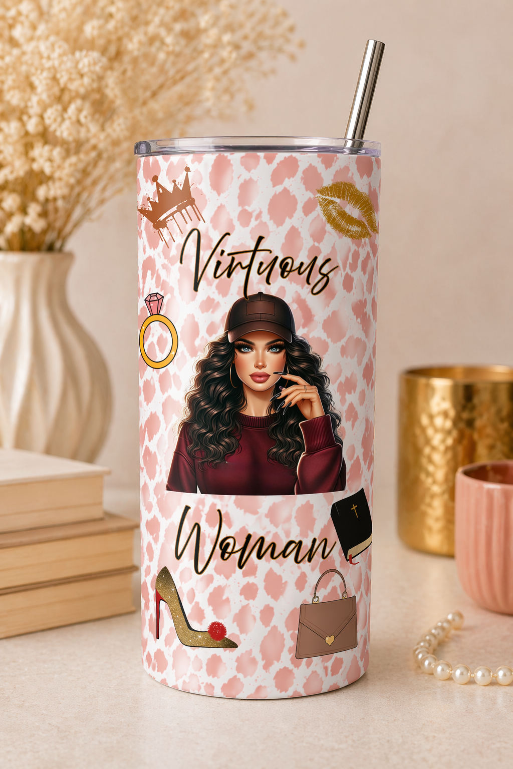 Virtuous Woman Leopard Tumbler — Red Top