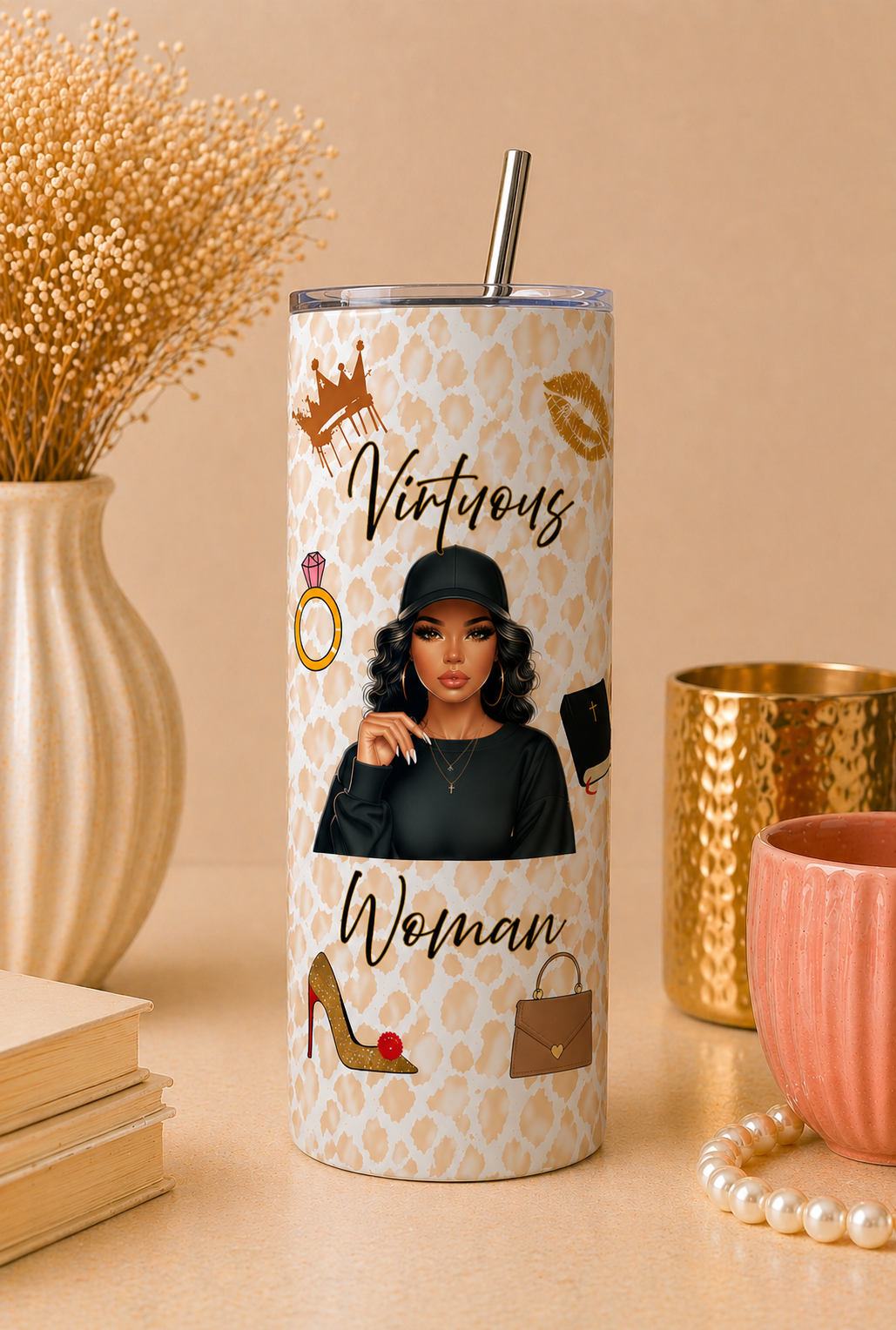 Virtuous Woman Leopard Tumbler — Black Cap